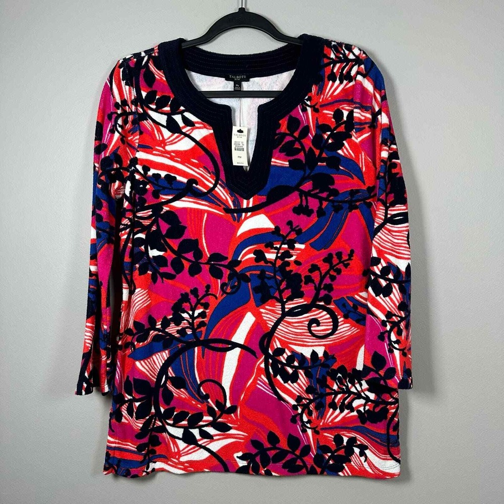 NWT Talbots PM Tunic Top Pink Blue 3/4 Sleeve Tropical Floral Terry Split Neck